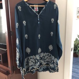 Johnny Was Alex V Button-Neck Tonal Embroidered Tunic Blue Large